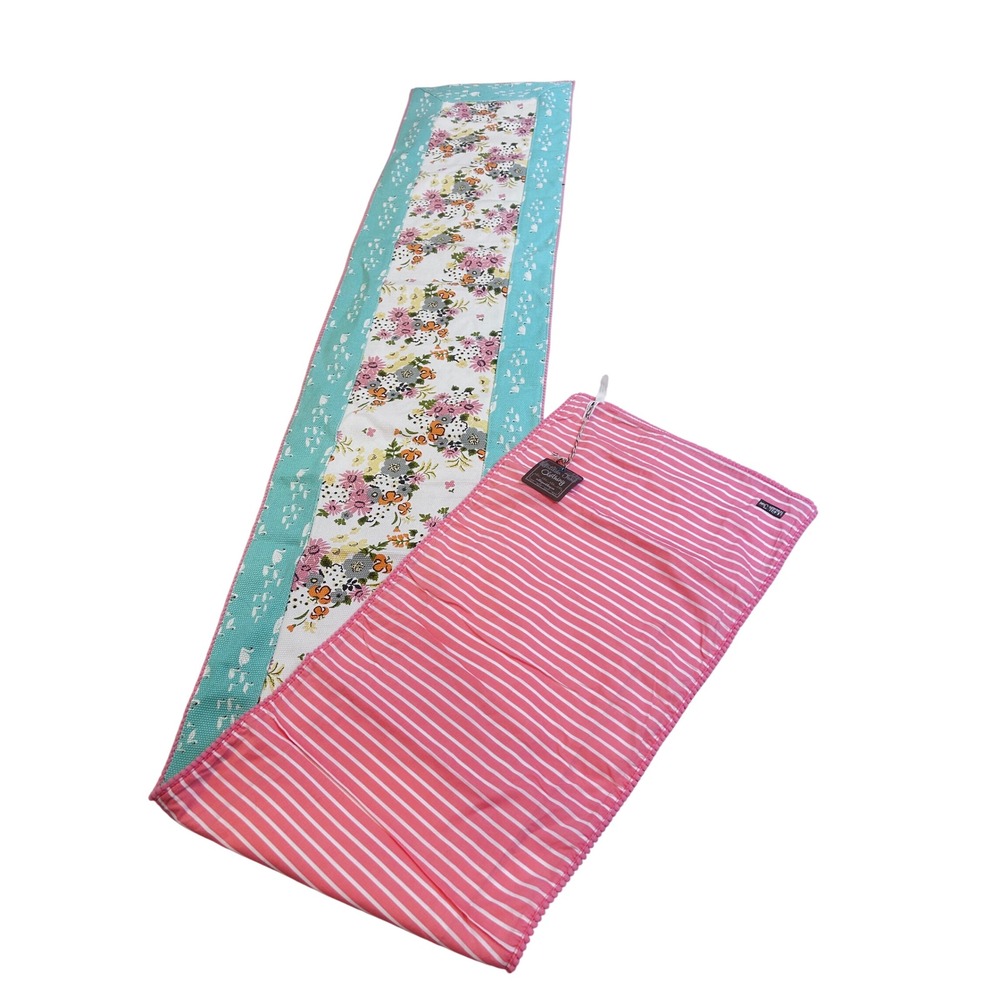 Matilda Jane Floral Swan Reversible Table Runner Pink Teal Stripe Pom Pom NWT